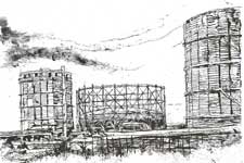 Drawing of Gasholders at Granton Gasworks – artist Ian Lutton – Click to enlarge